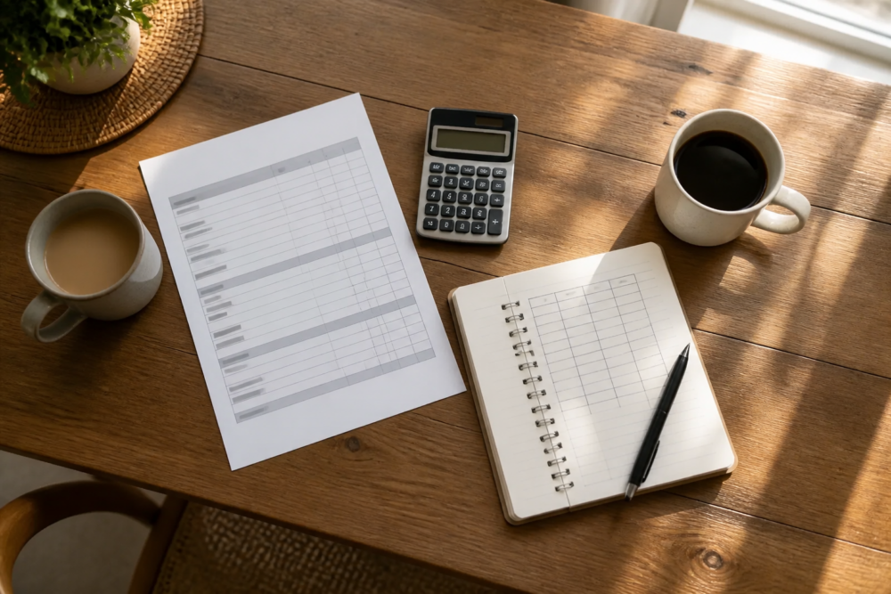 A kitchen table with a printed price sheet, calculator, open notebook and two coffee mugs